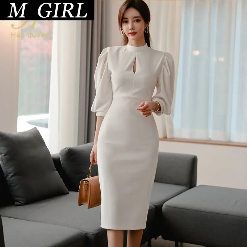 

M GIRLS Queen Hot sale Autumn Fashion Stand Collar Puff Sleeve Female Pencil bodycon Dress Slim Solid color Midi Casual Dresses