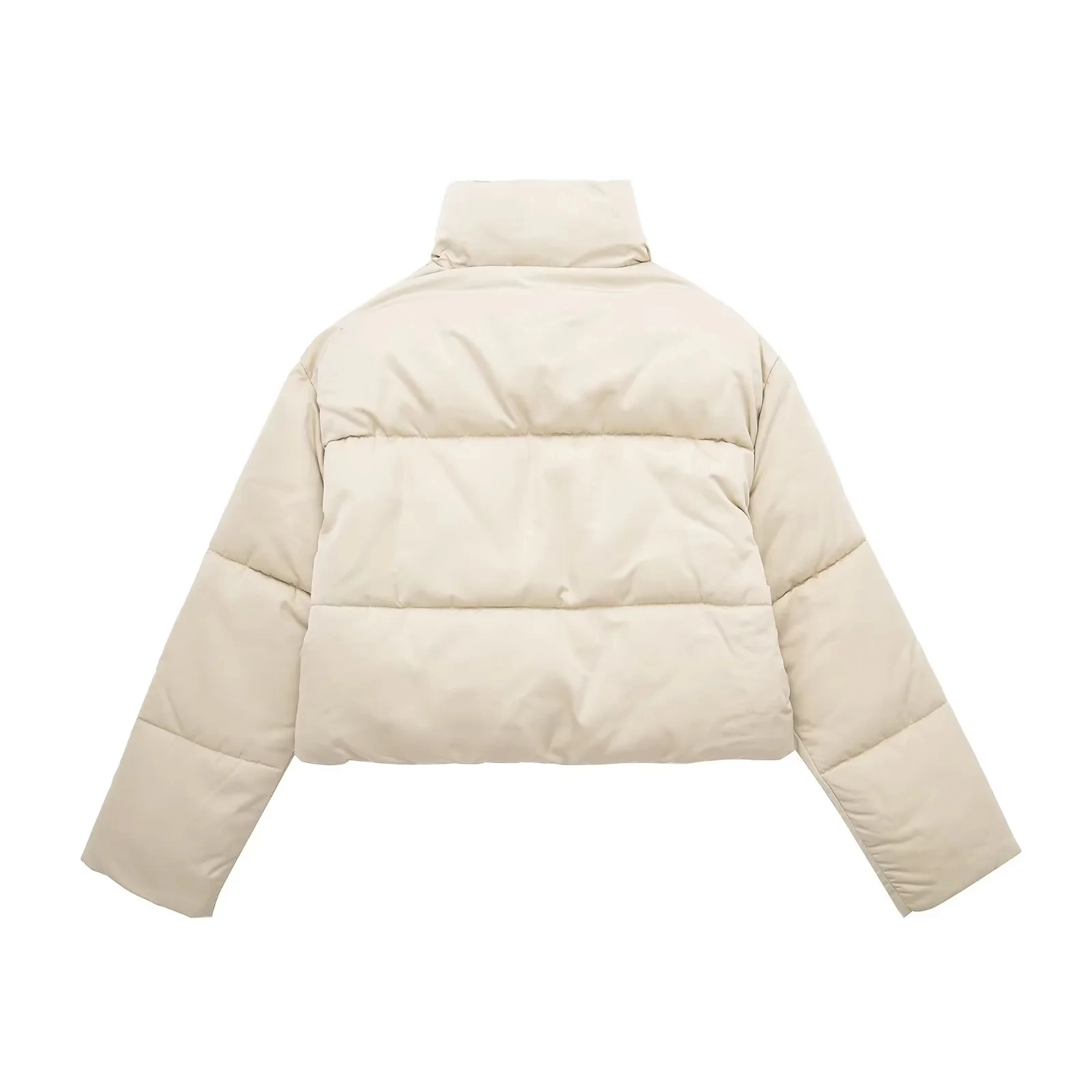 Winter Women's Beige High Neck Zip Long Sleeve Pocket Design Short Cotton Jacket Warm Fashion High Street Style