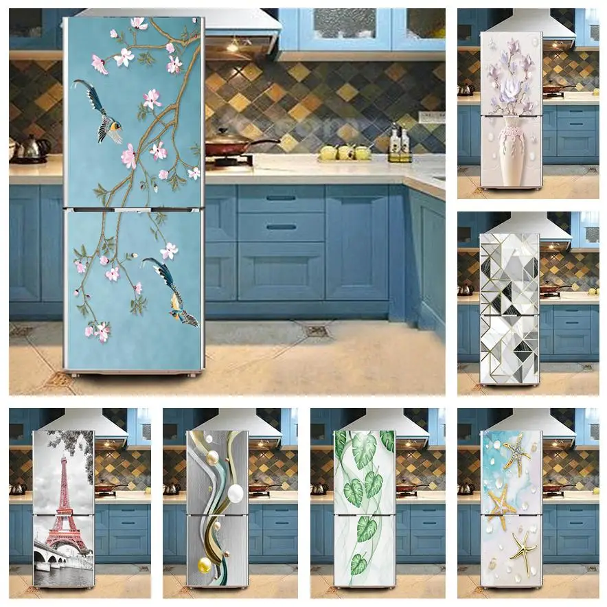 

Flower Bird 3D Sticker For Fridge Waterproof Kitchen Wallpaper Furniture Decoration Poster Door Mural Refrigerator Cover Decals