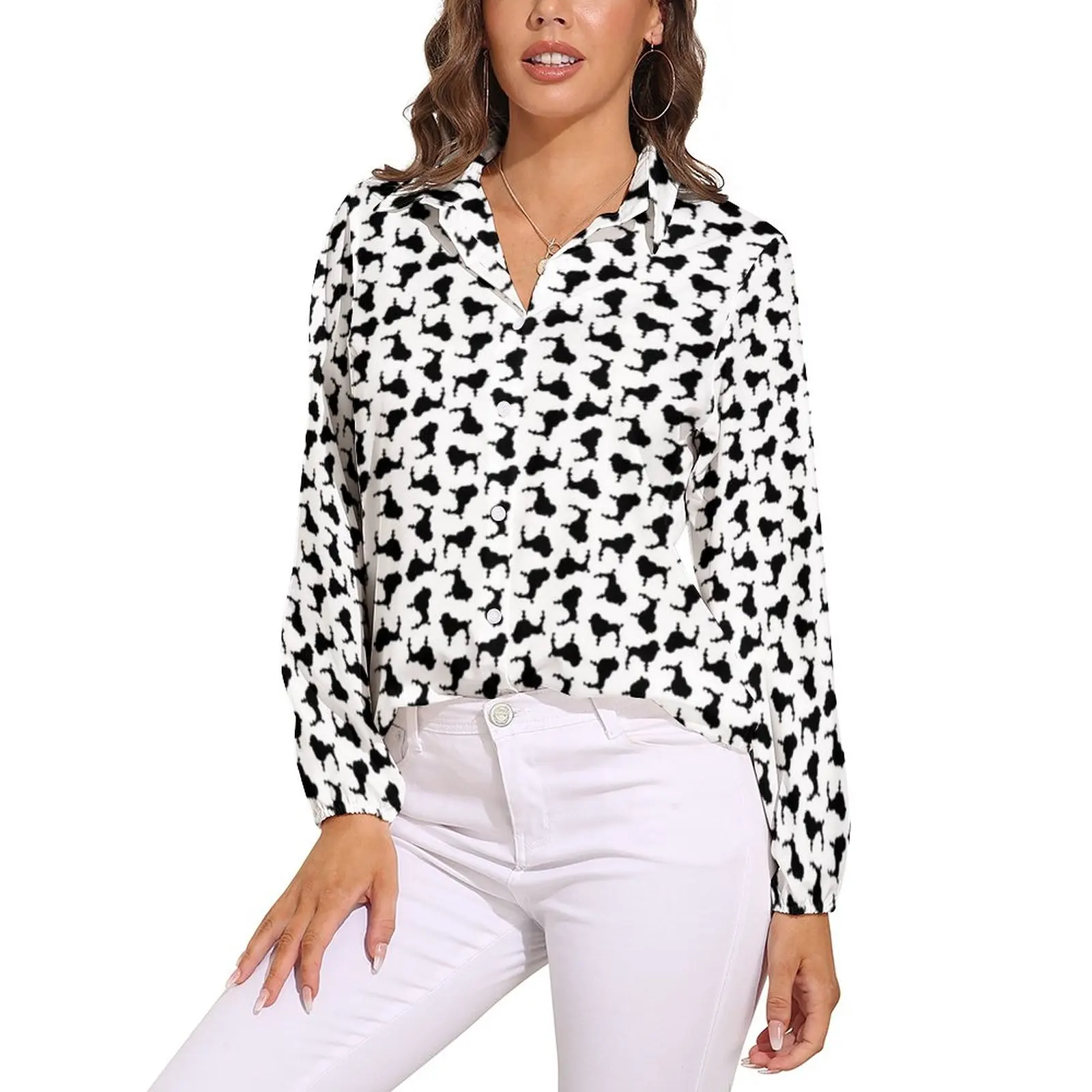 

Cute Poodle Print Blouse Women Dog Silhouettes Classic Loose Blouses Long Sleeve Office Shirt Custom Top Large Size