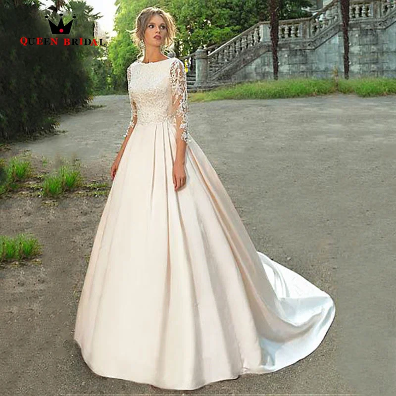 

Элегантное атласное свадебное платье А-силуэта с глубоким вырезом и длинным рукавом, кружевное платье невесты с аппликацией и бисером, свадебные платья принцессы