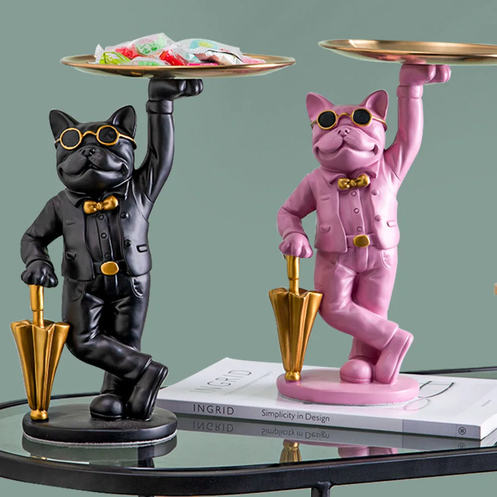 

Nordic French Bulldog Sculpture Dog Figurine Statue Key Jewelry Storage Table Decoration Gift With Plate Desktop Organizer