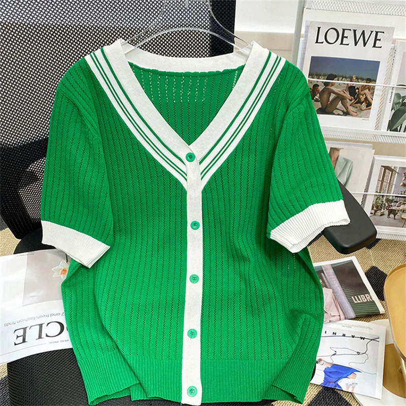 

Large Size t Shirts Women's Clothing 2023 Summer New Girls Tees Tops V-Neck Knitted Short Sleeve T-shirt AC427