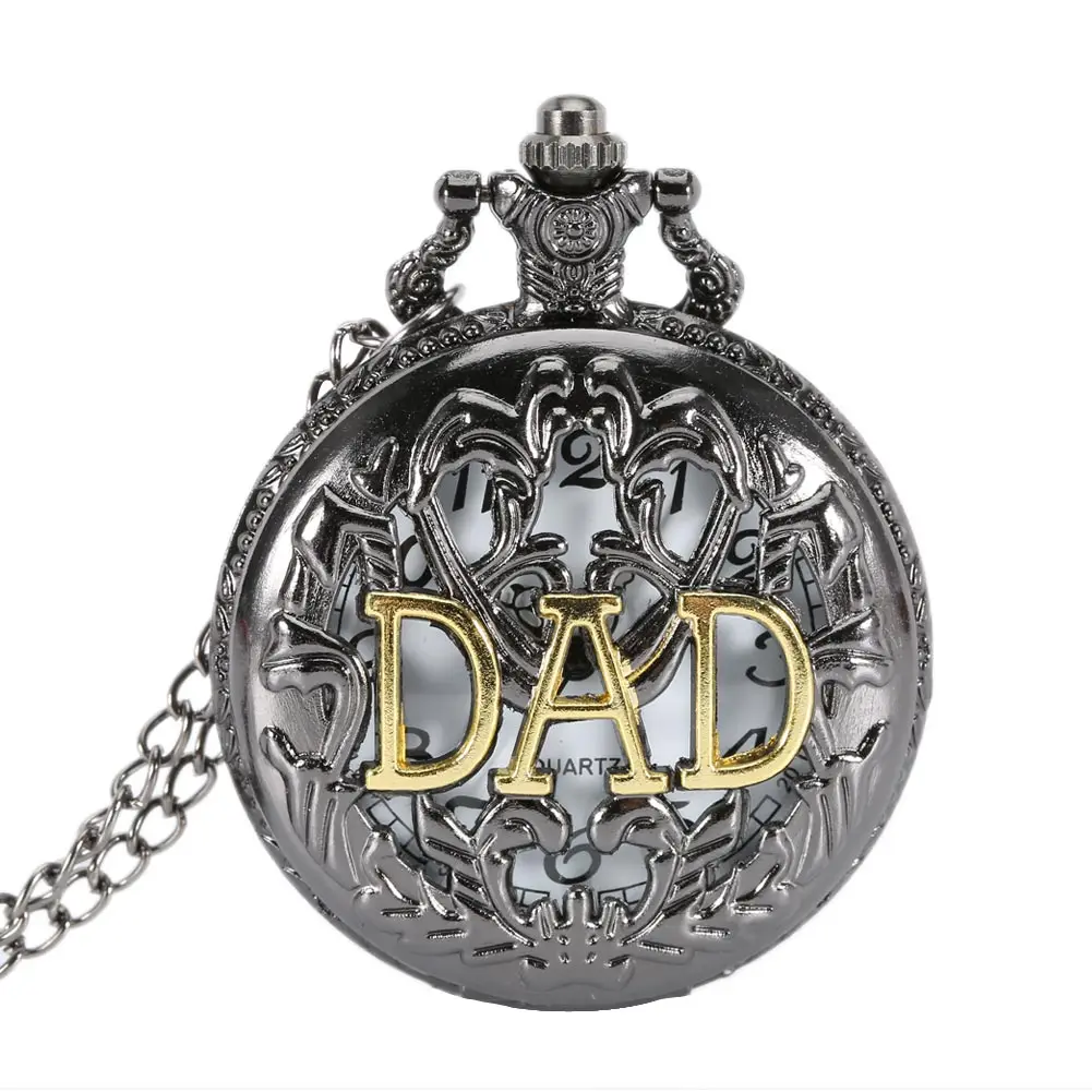 

Vintage Hollow Dad Design Pocket Watch Silver Pendant Necklace Men Happy Father's Day Chain Clock Gifts