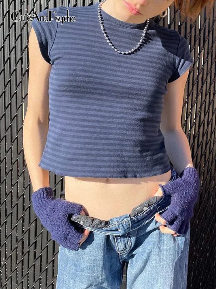 

Cuteandпсиходелический винтажный Y2K полосатый принт Женский Повседневный с круглым вырезом милый наряд в стиле Харадзюку эстетический 90-х шик...