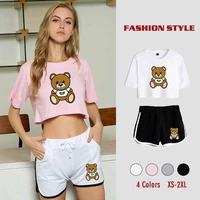 womens summer tracksuit toy bear print running tracksuits sports wear suits crop t shirt pants slim fitness suit