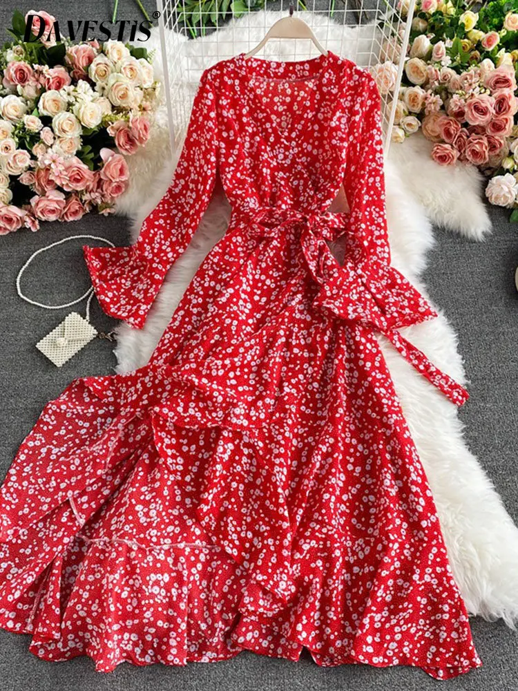 

Floral Chiffon Dress Women's 2023 Summer Vacation Wind Casual V-Neck Waist Slim Dresses Women's Fashion Elegant Midi Dress