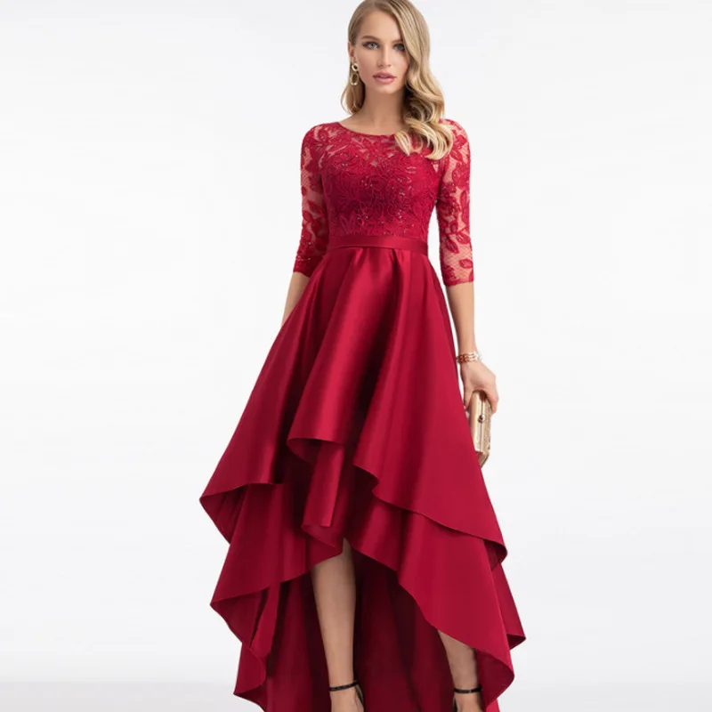 Women Elegant Cocktail Hollow Lace-up Crew Neck Half Sleeve Prom Party Dress Fashion Slim Waist Pleated Evening Dresses