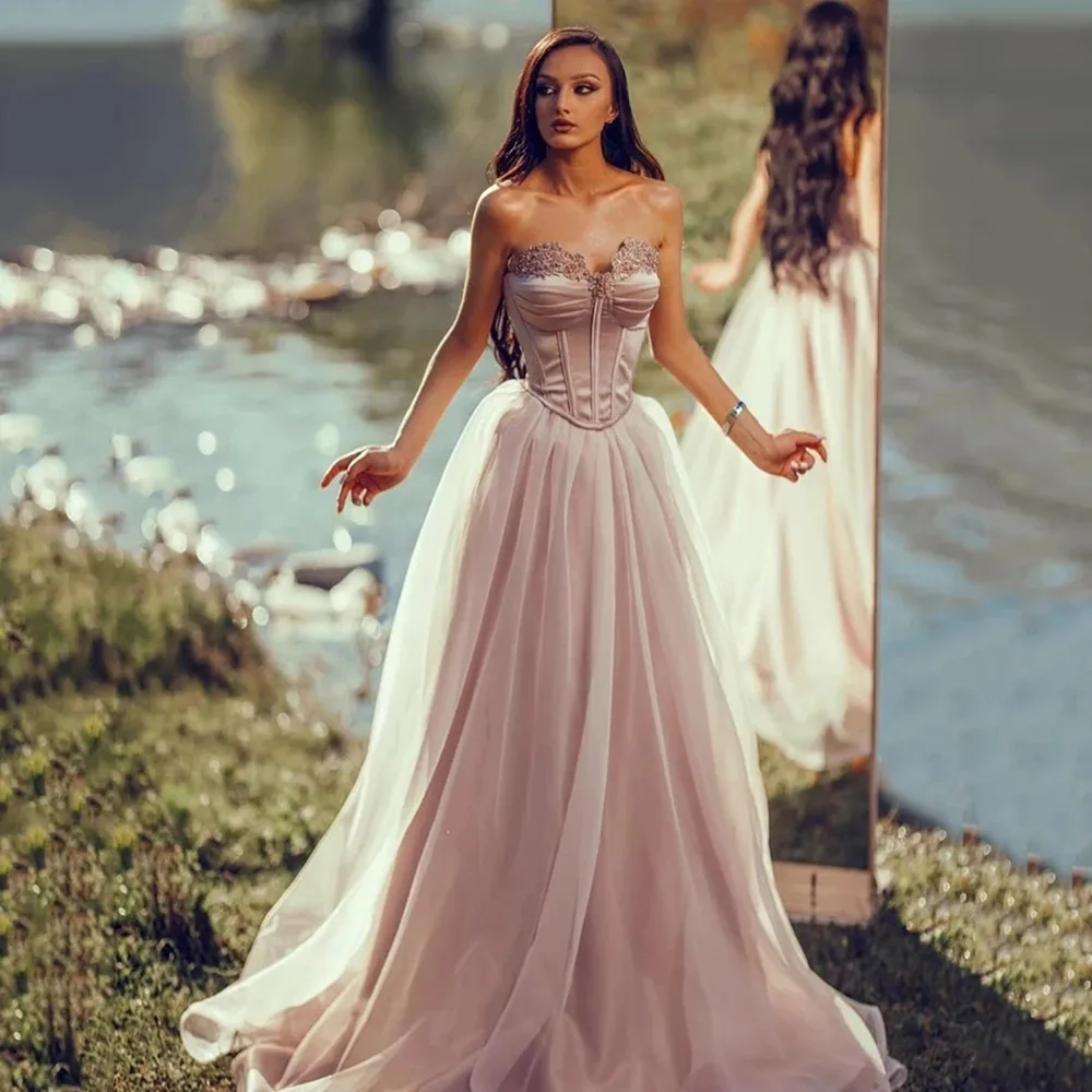 

2022 Blush Pink Satin and Organza Prom Dress A Line Sweetheart Lace Up Corset Evening Gowns Customized Dubai Women's Party