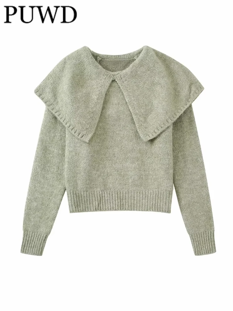 

PUWD Women Green Large Lapel Knitwear Sweater 2022 Fall/Winter Ladies Casual Long Sleeve Pullover Female Pullovers Chic Tops