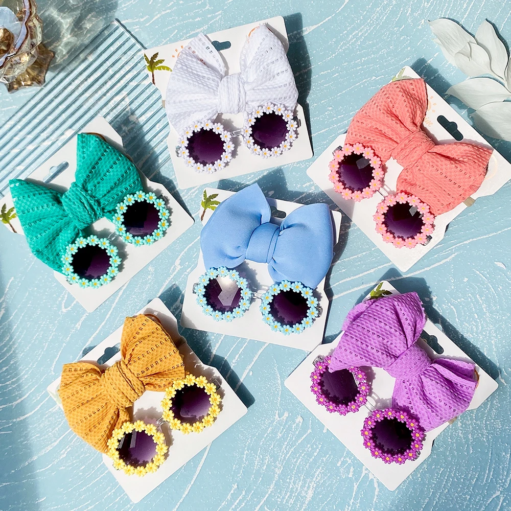 

2Pcs/Set Daisy Flower Sunglasses With Elastic Nylon Baby Headband Bohemia Beach Seaside Sun Glasses Kids Puff Bow Headwear