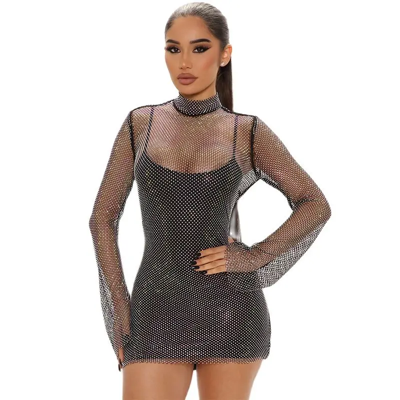 

Dresses For Women 2022 Full Diamonds Shiny Mesh Sexy See Through Dress Long Sleeve Turtleneck Luxury Hollow Out Elegant Dress