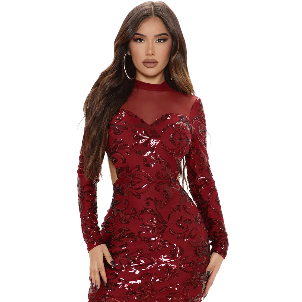 Women Sexy Sequins Evening Dress Spaghetti Long Sleeve Backless Party Club Dress Fashion Bodycon Hollow Out Mini Dresses