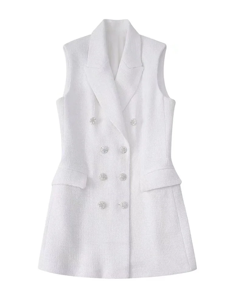

YLJHQX Women Fashion White Textured Tank Mini Dress Vintage Sleeveless Front Flap Pockets Faux Jeweled Buttons Female Dresses