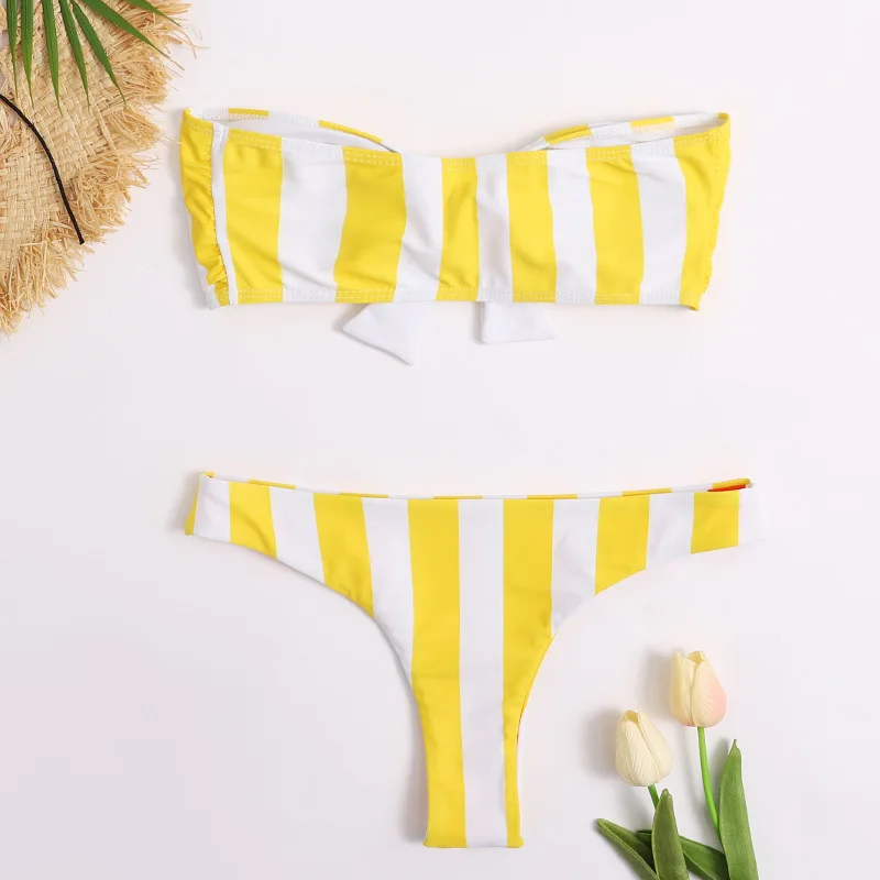 White Swim Suit 2021 New Fashion Split Strapless Bows Fresh Vertical Bikini Swimsuit Female Manufacturer S2203
