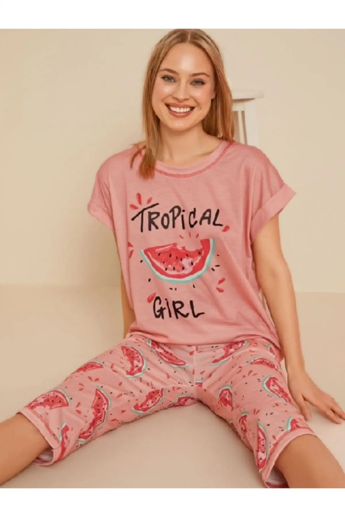

Women's Pajamas Capri Dough Combed Cotton Pink Watermelon Patterned New Season Sleep Lounge Nightwear Sleepwear