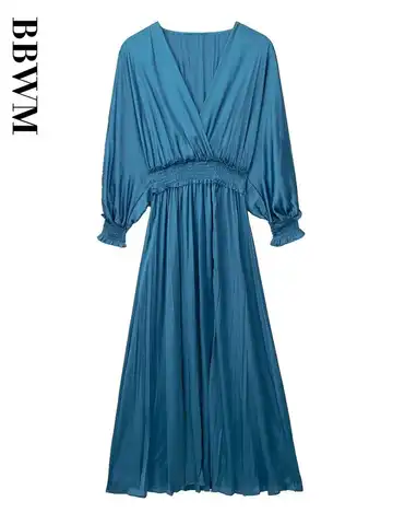 Blue Long Dress Satin Split Design Woman Vintage Long Sleeve Elegant Dresses Women 2023 New Chic Female Elastic Waist Dress