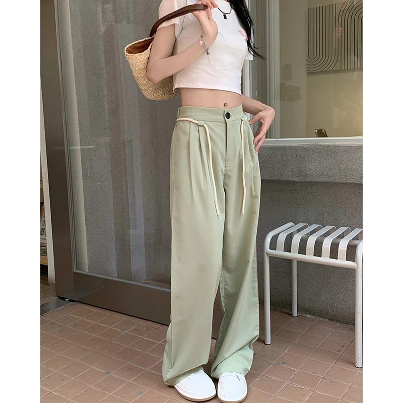 

Women's Bottoms Green Casual Straight Pants High Waist Vintage Baggy Wide Leg Pants Self Cultivation Trouser Ladies Summer