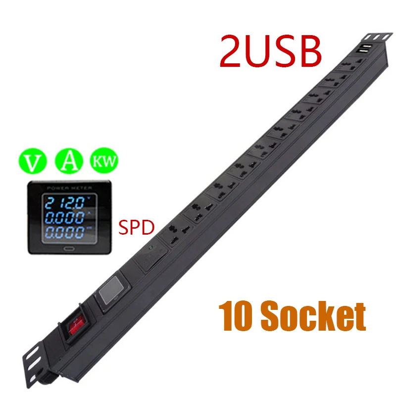 

Aluminium Alloy Shell Universal USB Power Strip Smart Digital Display Current/Voltage/Power Meter 10 Socket 2Meter Cord