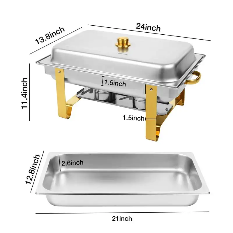 

Dish Buffet Set 2 Pack, Stainless Steel 8 QT Rectangular Foldable Chafers and Buffet Warmers Set in Gold Accents Full Size Food