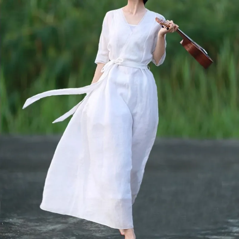 

Vintage White Dress Female Maxi Dresses Summer Skirt Long Women's Dress Medium Sleeve V-neck Elegant Beach Office Lady Clothes