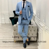 Fashion Light Blue Mens Suits Slim Fit Formal Banquet Blazer Wedding Groom Tuxedo 3 Pieces Set Terno Masculino Jacket Vest Pants