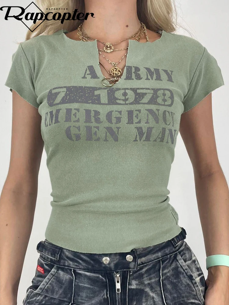 

УКОРОЧЕННЫЙ ТОП Rapcopter с зелеными буквами, вязаная Винтажная футболка с коротким рукавом и круглым вырезом, женская спортивная одежда в стил...