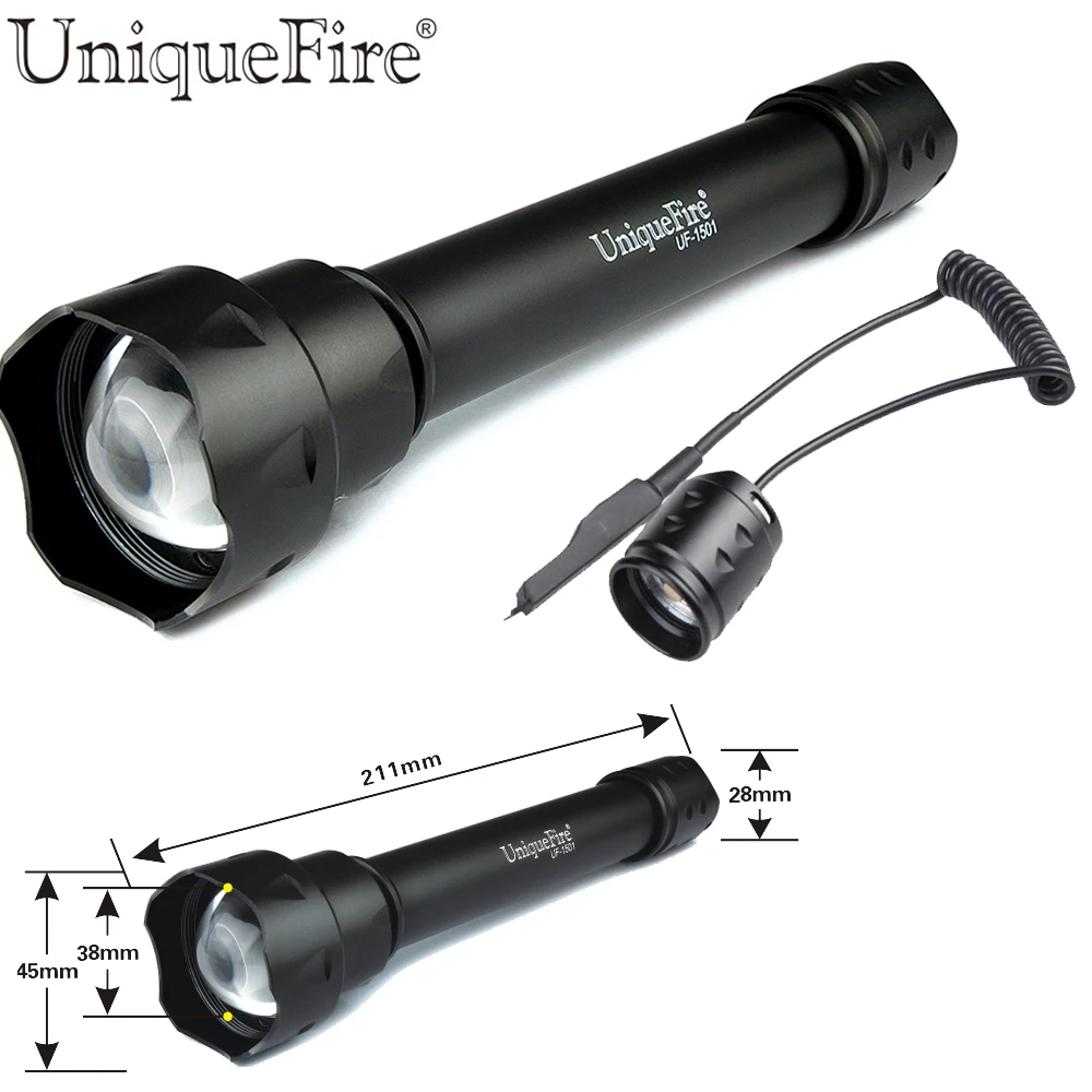 

UniqueFire UF-1501 XML T6 LED Flashlight 38mm Convex Lens Zoom 5 Modes Lamp Torch+Remote Pressure Switch For Hunting
