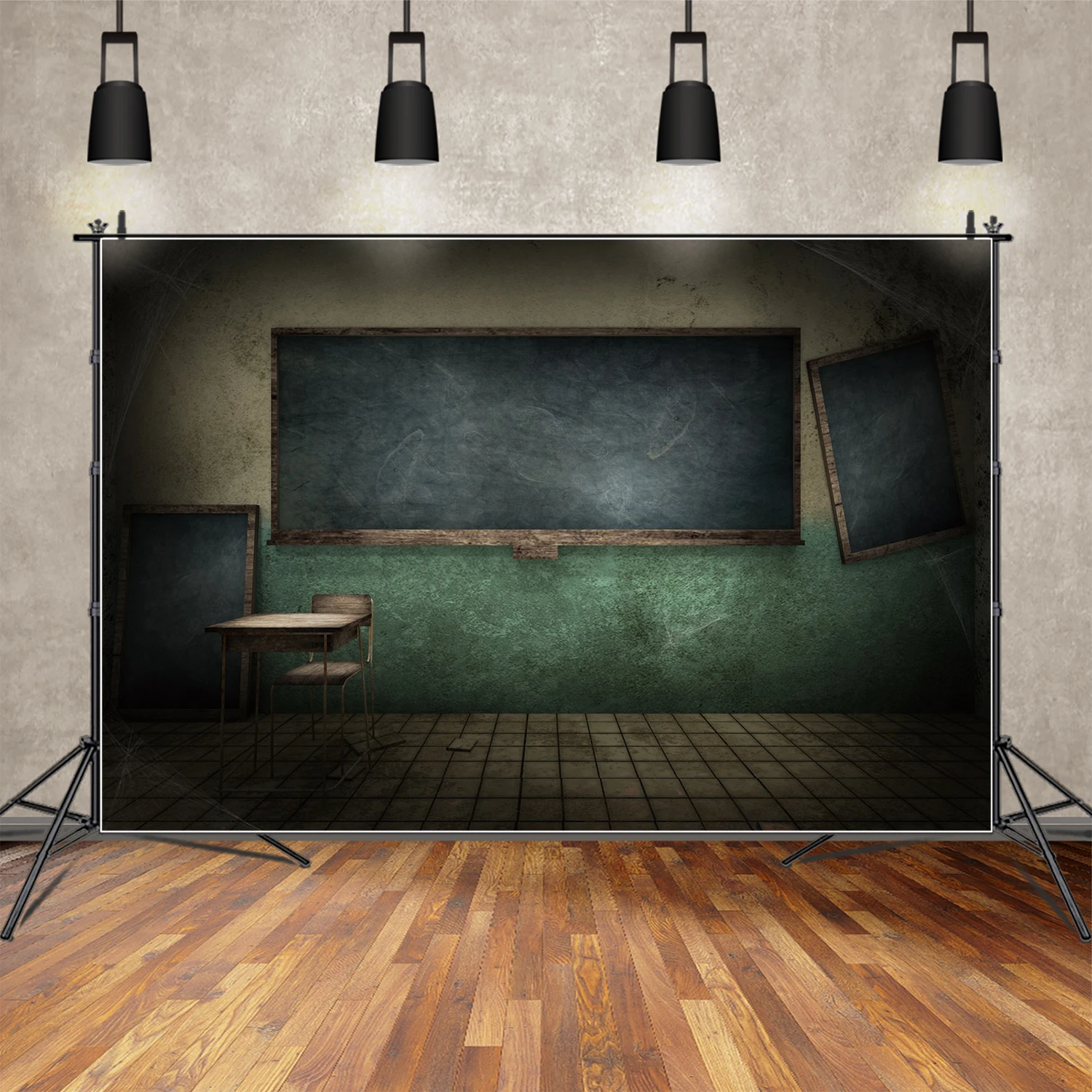 

MOON.QG Backdrop Halloween Decorations Grunge Classroom Background Kids Wood Desk Table Black Board Faded Wall Props Photo Booth