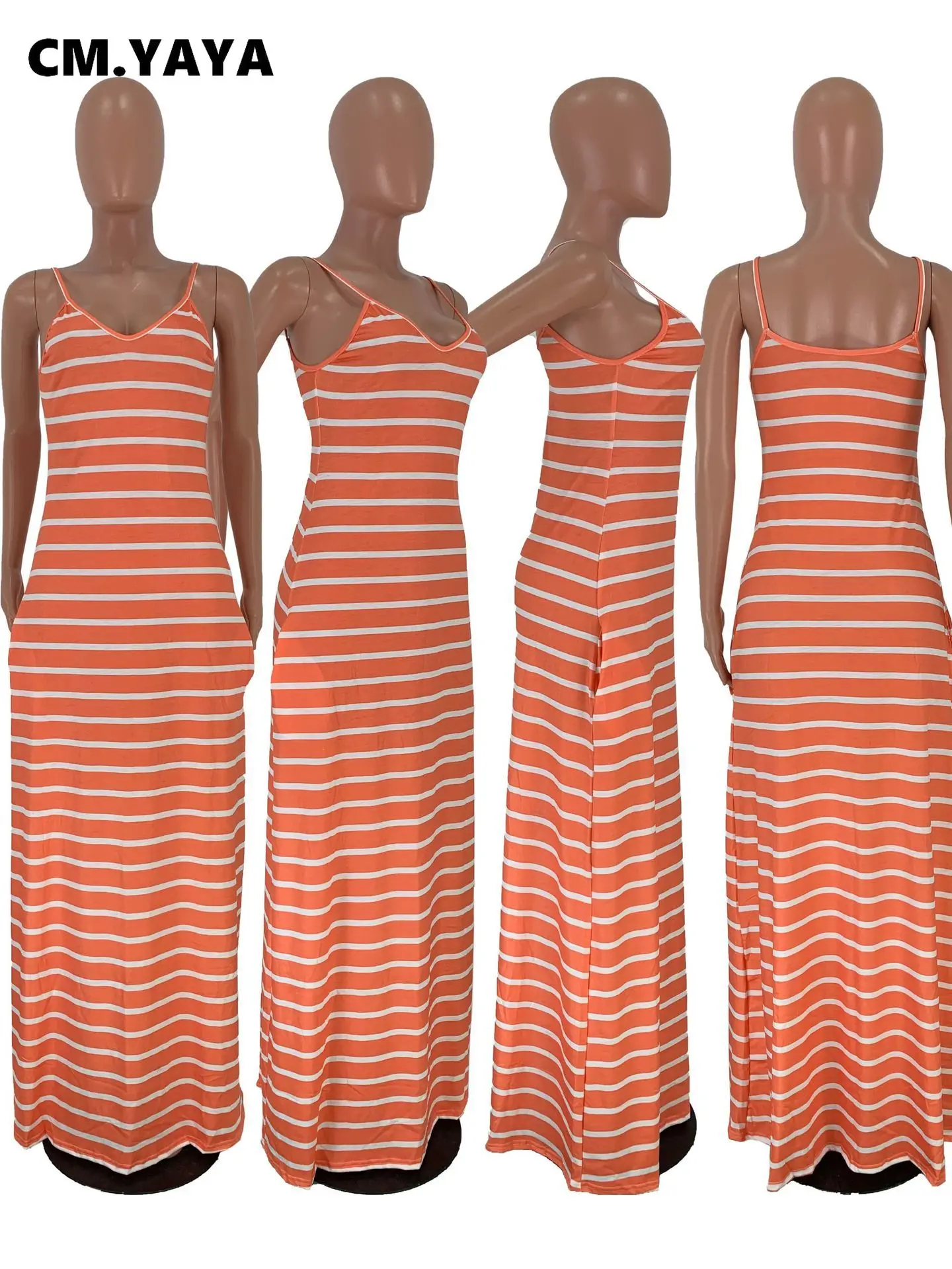 Женское длинное платье-футболка в полоску с V-образным вырезом и боковым карманом