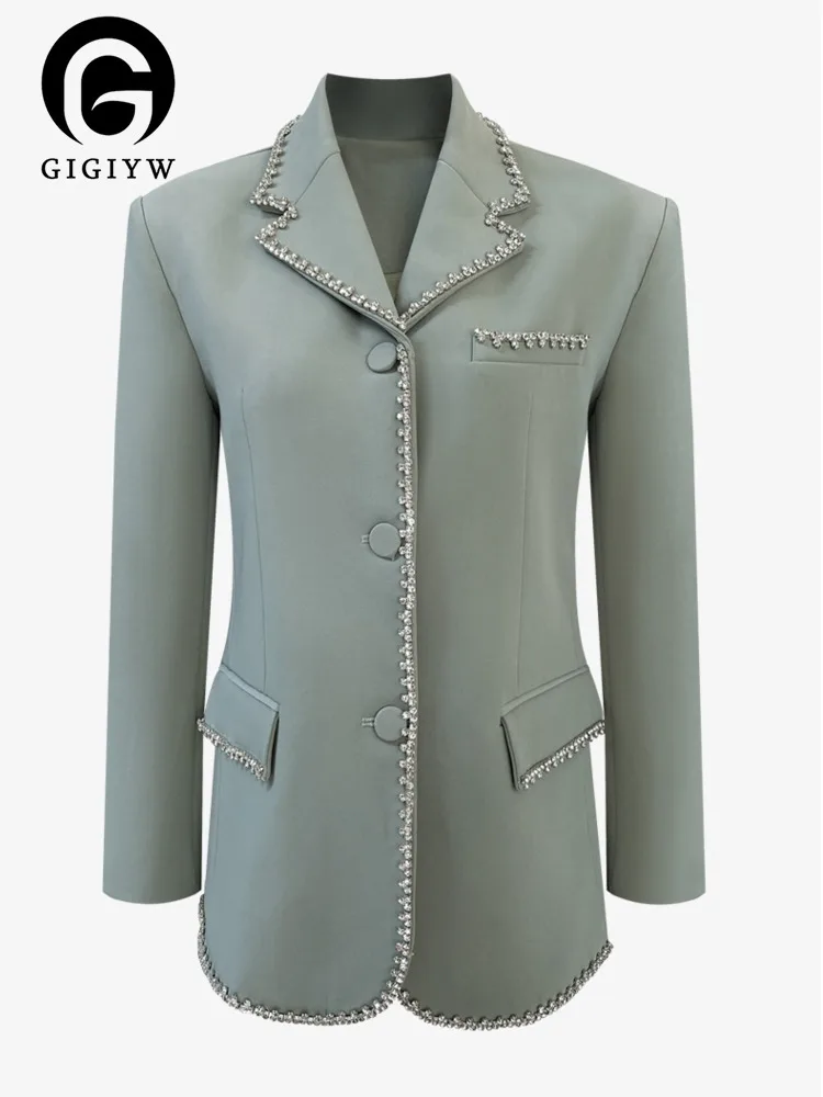 

[GIGIYW] Crystal Diamond Jacket Chain Long Sleeve High Shoulder Blazer Elegant Business Chic Autumn Winter Women 2022 New KZ254