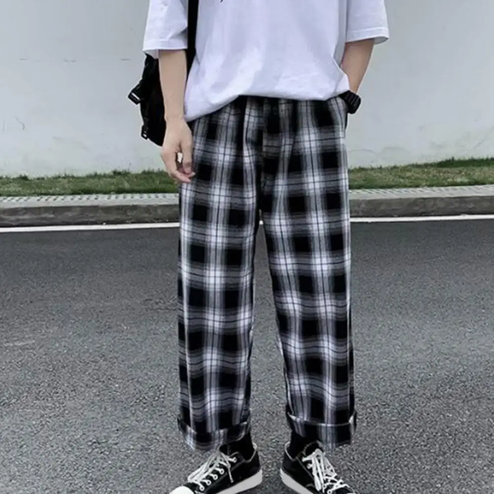 

Men Sweatpants Straight Male Dressing Loose Checkered Sweatpants Men Pants for Daily Wear