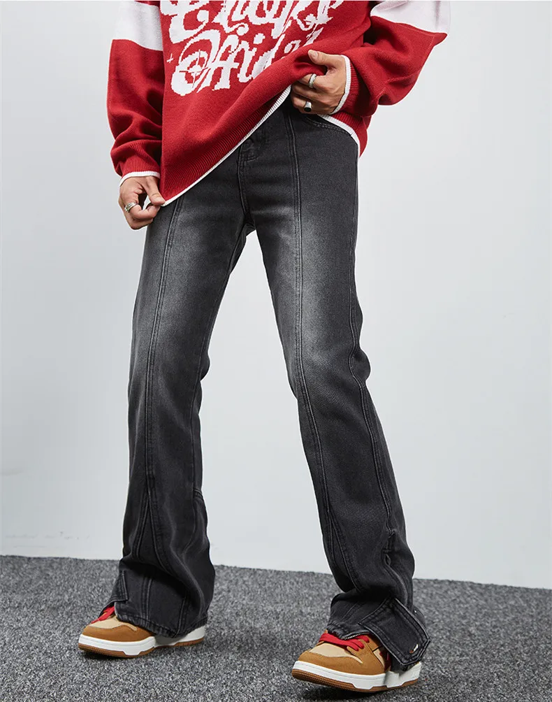 Streetwear Men Side Fork Foot Buckle Zipper Recreational Jeans Black Loose Straight Cylinder Trousers Autumn and Winter Female