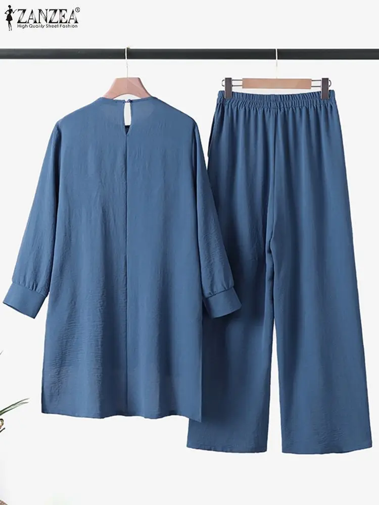 ZANZEA Fashion Vintage Muslim Suit 2PCS O-Neck Solid Blouse Loose Pant Female Urban Tracksuit Causal Turkish Islamic Clothing
