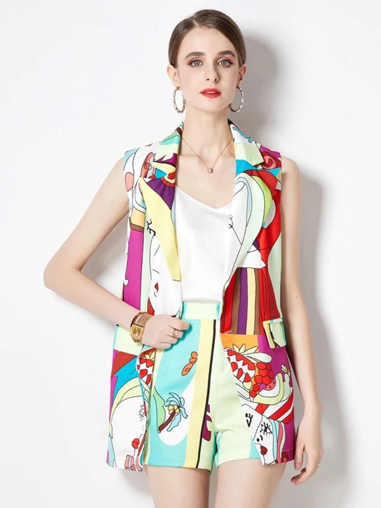 

Autumn Runway Floral Print 2 Piece Shorts Set Women Notched Single-Breasted Sleeveless Blazer Jacket + Wide Leg Shorts Suit