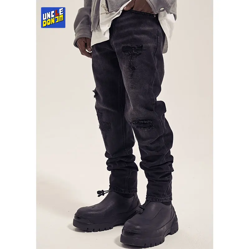 

UncleDonJM Washed Distressed Black Denim Jeans Vintage Slim Fit Jeans For Men high street y2k jeans 2023 jean homme