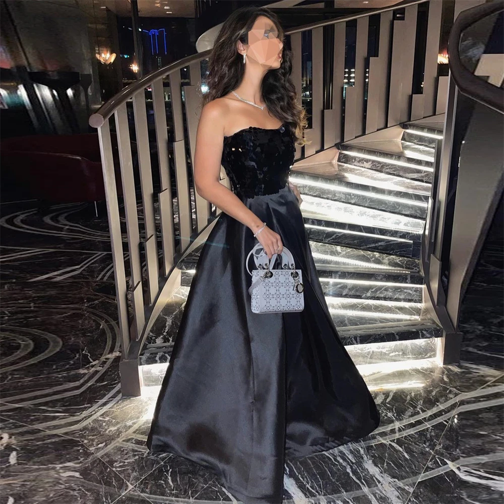 

Fashion Strapless Black Sequins Prom Dress for Women Floor-length Evening Party Gown Formal Occasion Dresses فساتين السهرة