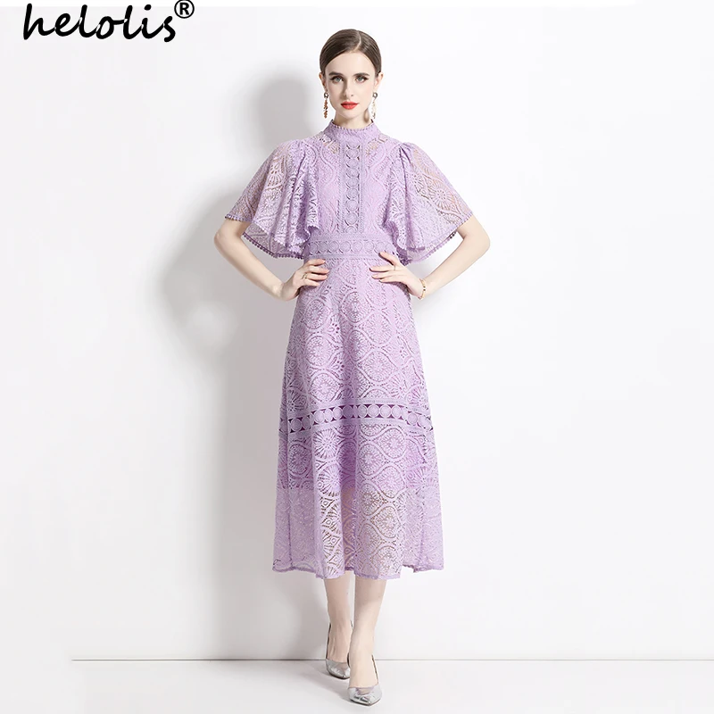 

Helolis High Quality Stand Collar Flare Sleeve Lace Dress Women 2023 Summer New Hollow Out Elegant Midi Dresses Fashion Vestidos