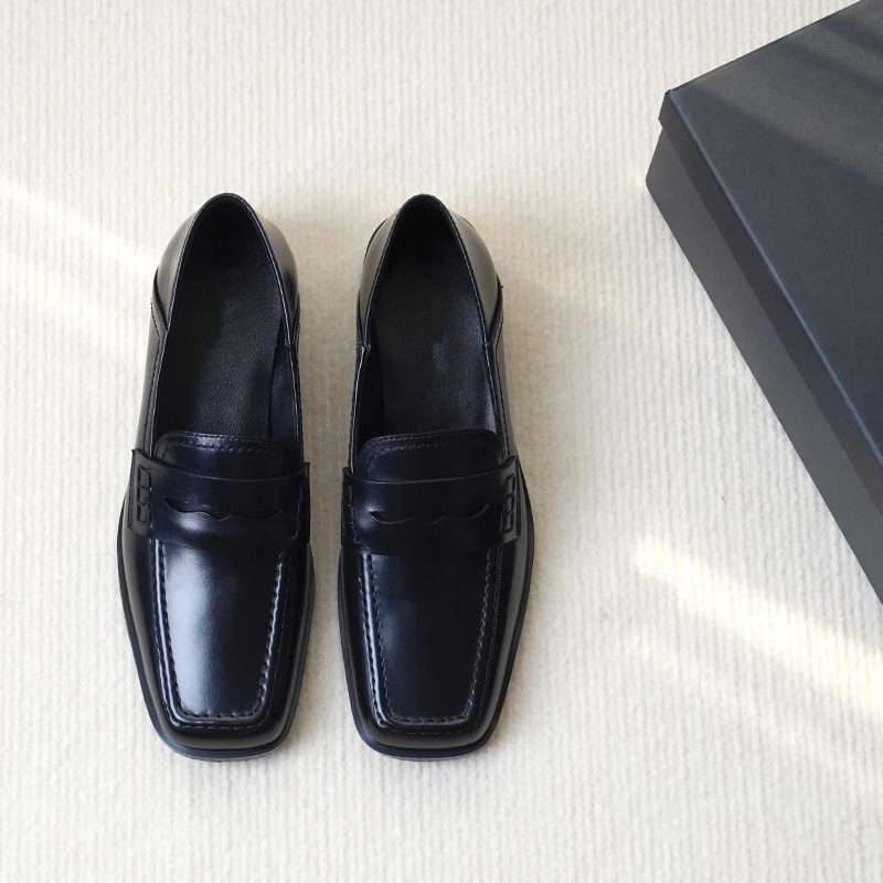 Elmsk Fashion Square Toe Genuine Leather Shoes Loafers Women Retro Solid Slip-On Flat Shoes