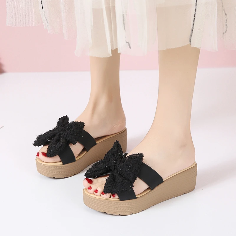 

Новинка лета 2022, Женские однотонные шлепанцы на плоской подошве, с круглым носком, блестками и бантом, женская повседневная обувь, элегантные кожаные сандалии, уличная пляжная обувь