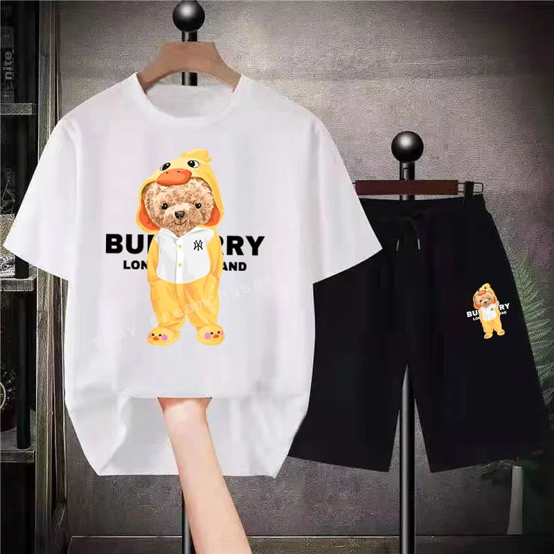 

Bear Cotton Mens Anime T-Shirt Sets Luxury Shirts Shorts Suits Man Oversized Summer Clothing Fashion Tracksuit Couple Streetwear