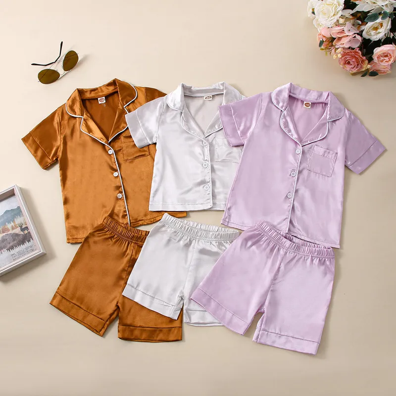 

1-6Y Kids Summer Pajama Sets Girls Boys Short Sleeve Lapel Shirt Shorts Sleepwear Children Satin Pyjamas Homewear Clothes