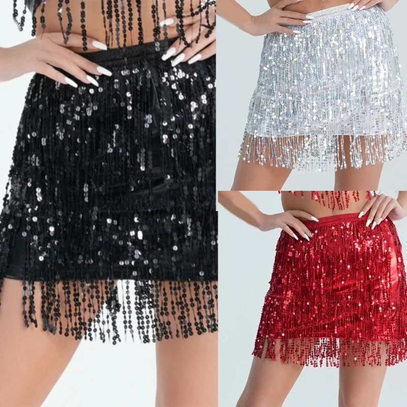 95AB Мини-юбка с блестящими кисточками Женская праздничная одежда эластичной