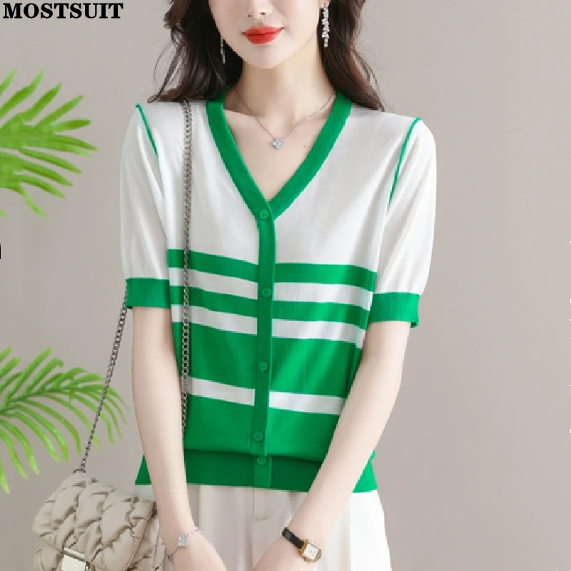 

Ice Silk Striped Thin Knitted Sweater Tshirt Women 2023 Summer Short Sleeve V-neck Single-breasted Tees Casual Fashion Tops