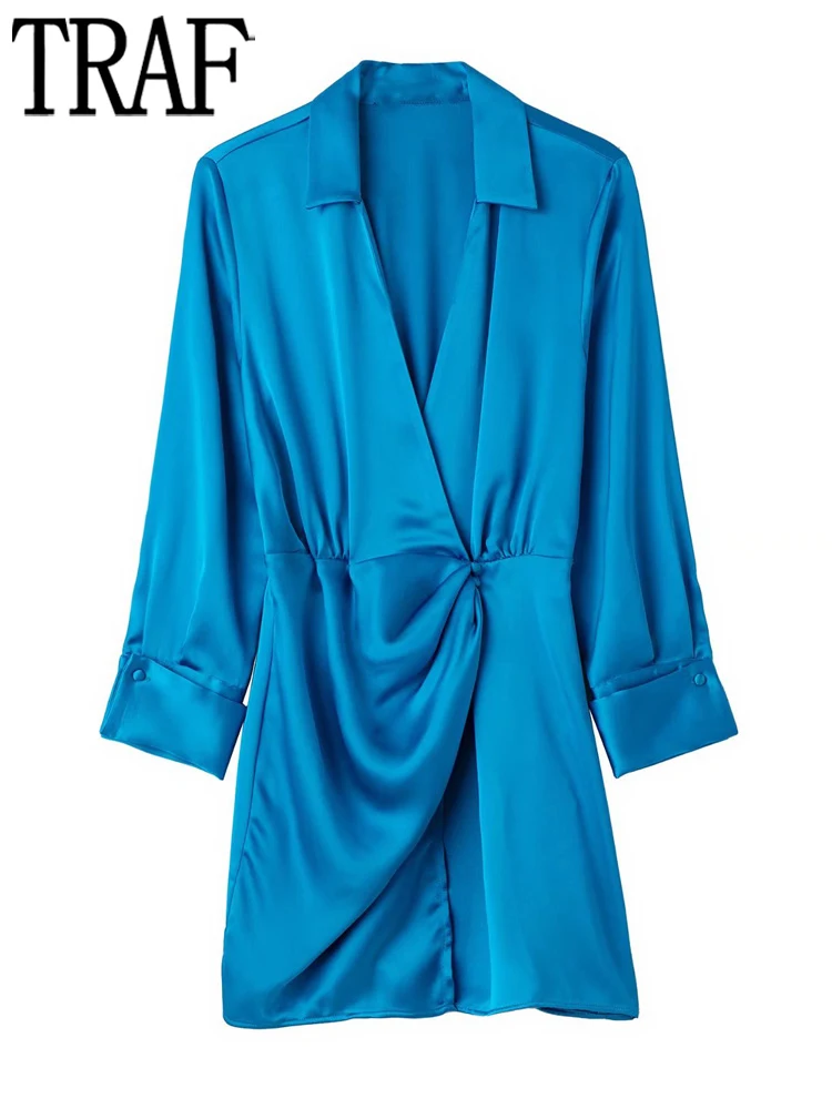 

TRAF Blue Satin Wrap Dress Woman Pleated Short Dress Women Long Sleeve Summer Dresses Woman 2022 Fashion Office Female Dress