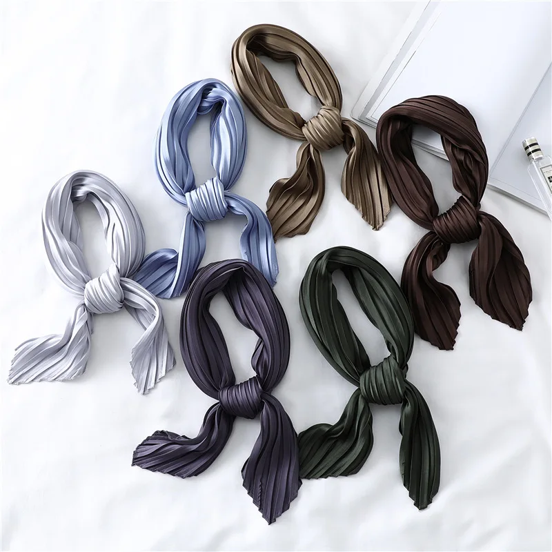 Fashion Women Silk Pleated Scarf Luxury Solid Neck Scarfs Foulard Femme Crinkle Hair Band Scarves Girl Neckerchief 2022 New images - 6