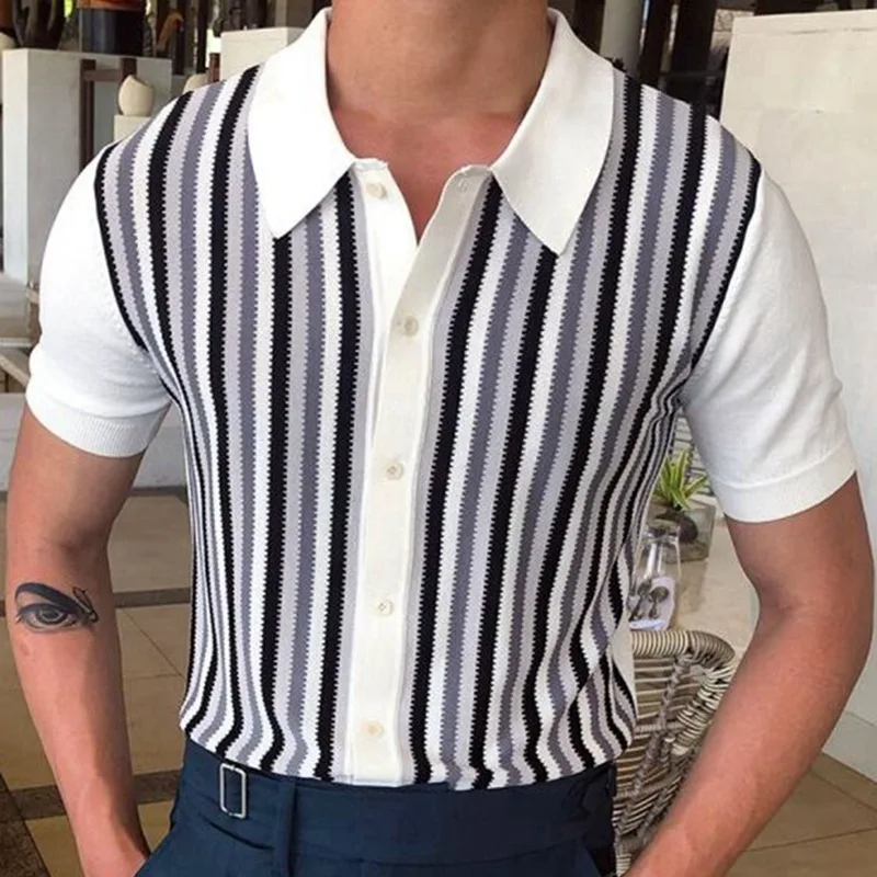 

Stripe Polo Men T-shirt Slim Fit Bussiness Casual Fashion Knitted Summer Vintage Contrast Collar Short Sleeve