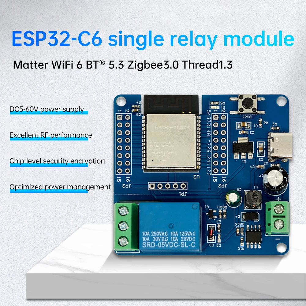 Type-C DC 5-60 В 1-канальный релейный модуль Встроенный ESP32-C6 Wi-Fi Bluetooth-совместимая плата