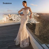 luxury lace appliques wedding dress back illusion tulle zipper with detachable train long sleeve bride gown prom party gelinlik