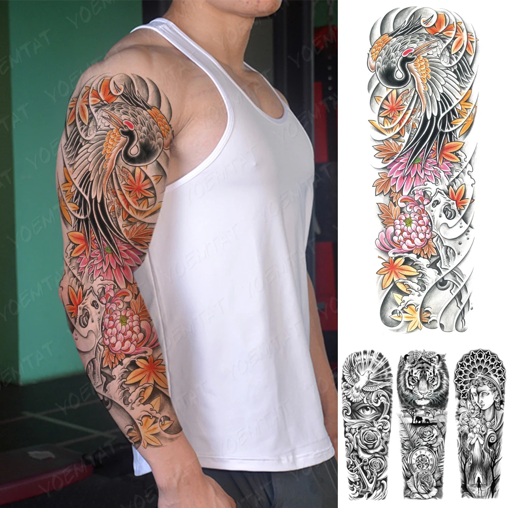 

Large Full Arm Sleeve Waterproof Temporary Tattoo Sticker Watercolor Red-Crowned Crane Maple Leaf Men Women Body Art Fake Tatto